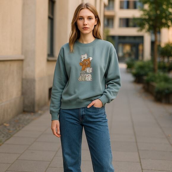 Green & White Crewneck Sweatshirt with Ribbed Trim Cat Appliqué Granny Womens L - Picture 1 of 7